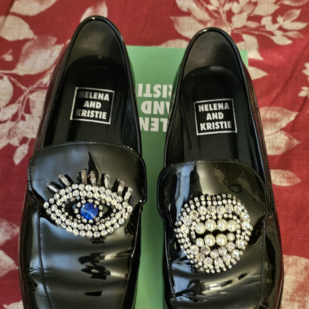 Barneys New York Black Patent Embellished Loafers with Blue Accent